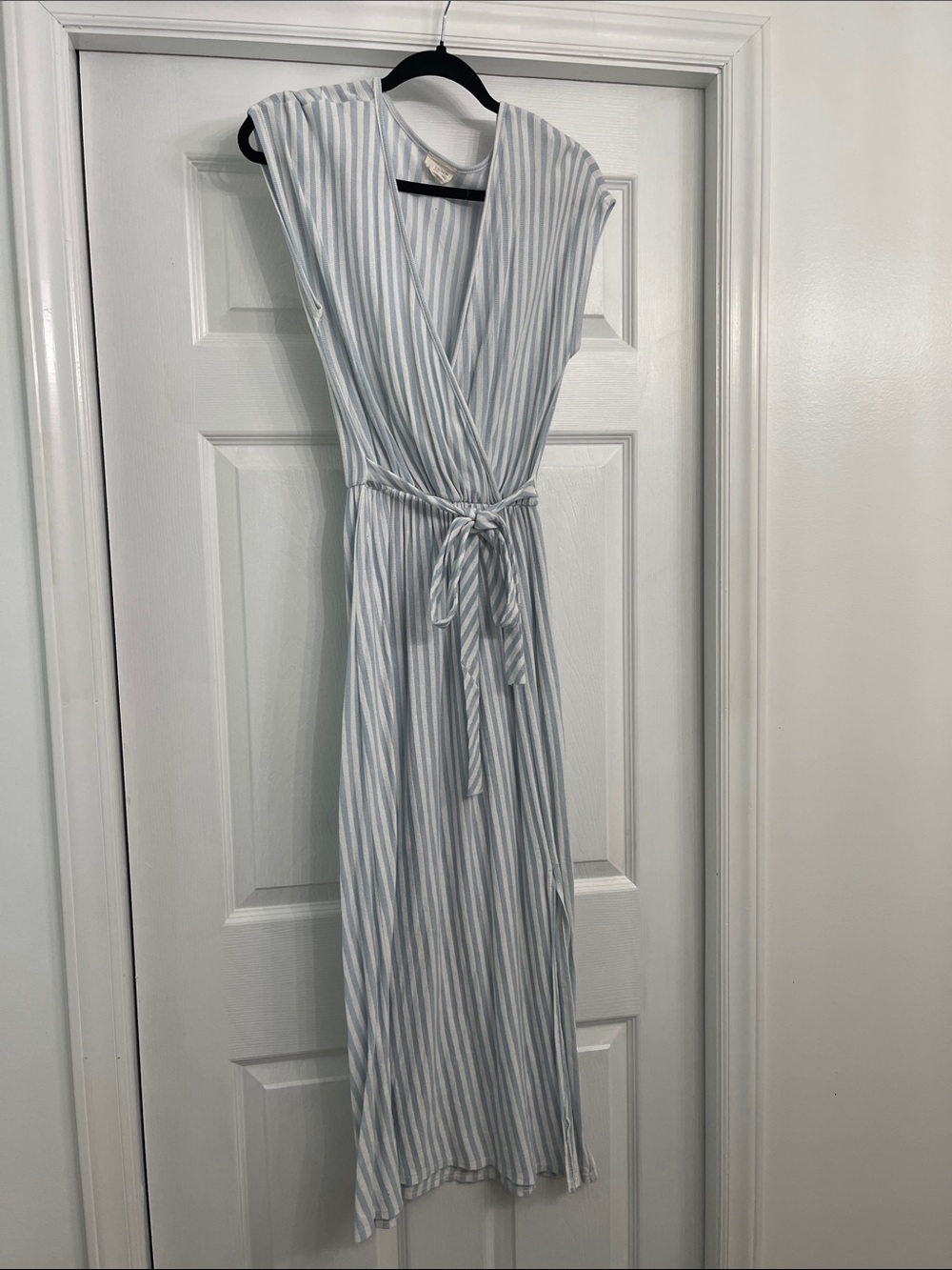 Caution To The Wind Light Blue and White Striped Wrap Maxi Dress